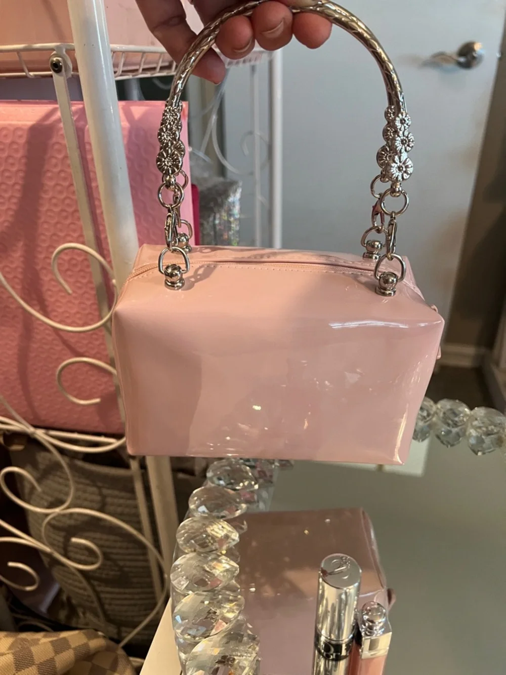 Dior Pink Patent Cosmetic Bag with Silver-Tone Handles- Mini Lip & Mascara - Picture 5 of 8